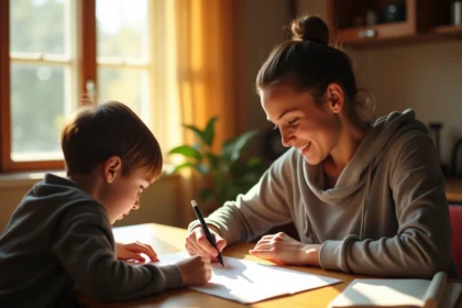 Jeune garçon concentré à faire ses devoirs avec un parent dans un cadre chaleureux