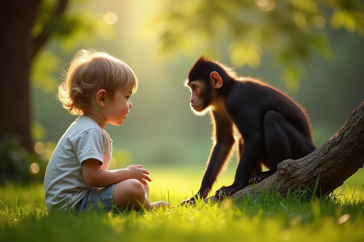 Jeune enfant assis sur l'herbe verte observant un douroucouli