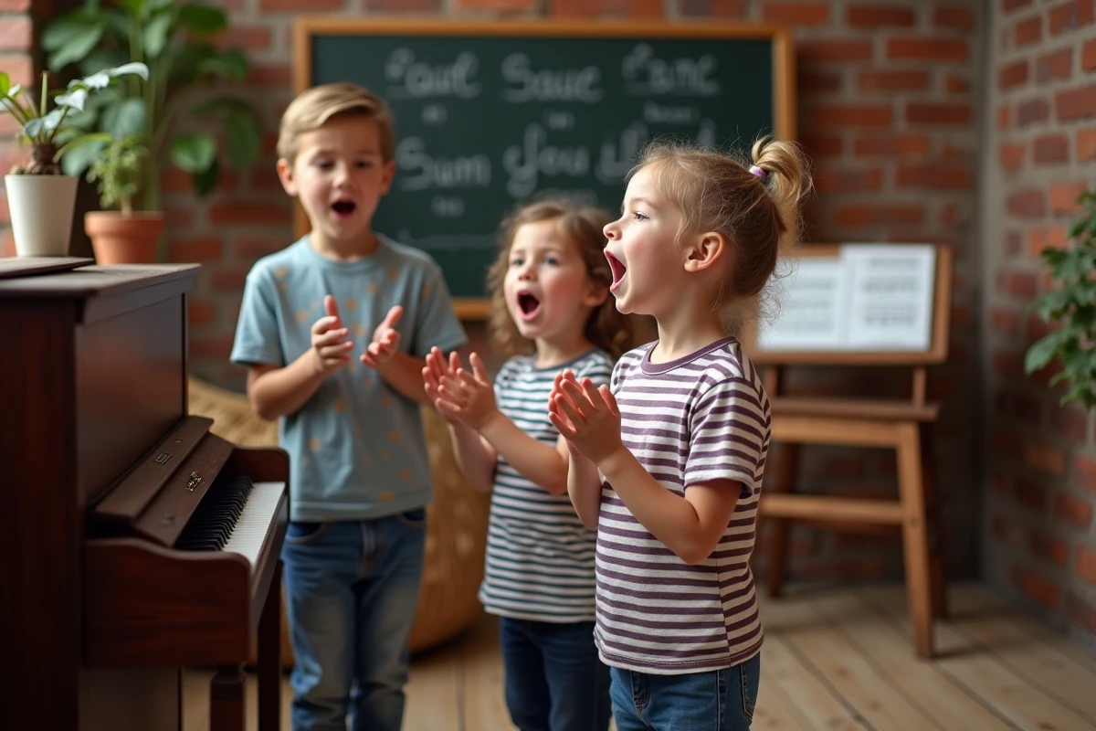Trois enfants chantant une comptine autour d'un piano dans un atelier de musique convivial