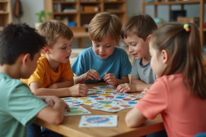 Enfants de 8-10 ans jouant à un jeu de société dans un salon chaleureux