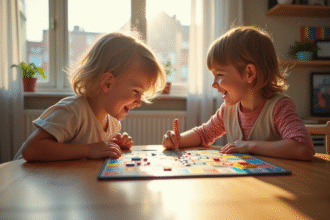 Deux enfants rient en jouant à un jeu de société coloré dans un salon lumineux