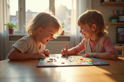 Deux enfants rient en jouant à un jeu de société coloré dans un salon lumineux