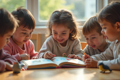 Groupe d'enfants lisant des livres avec figurines d'animaux N
