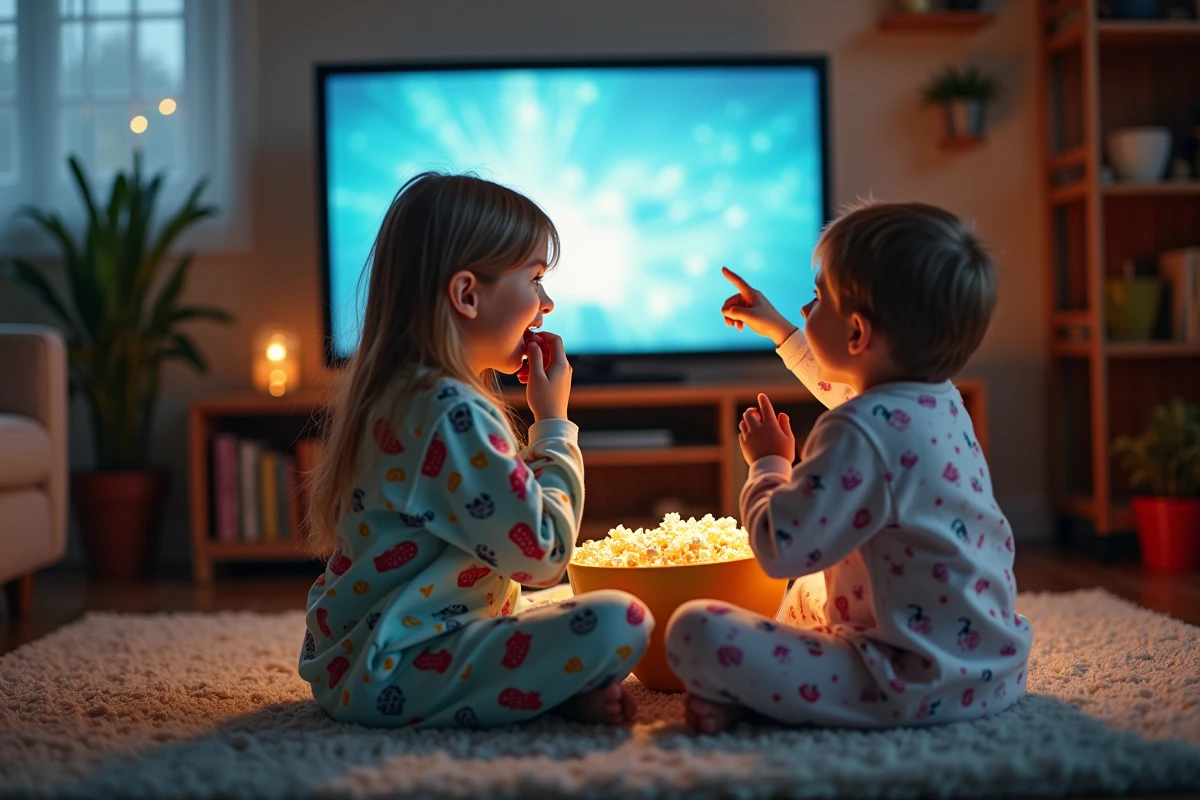 Deux enfants en pyjama regardant un film drôle devant la télévision un week-end pluvieux