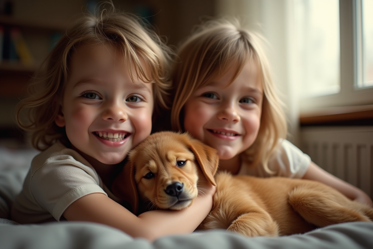 Deux enfants souriants avec douroucouli sur le bras en intérieur