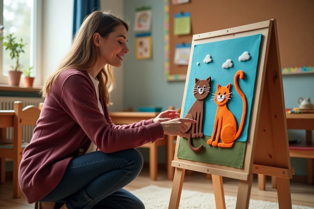 Enseignante animant un atelier chanson avec un tableau en feutrine illustrant des chats pour les maternelles