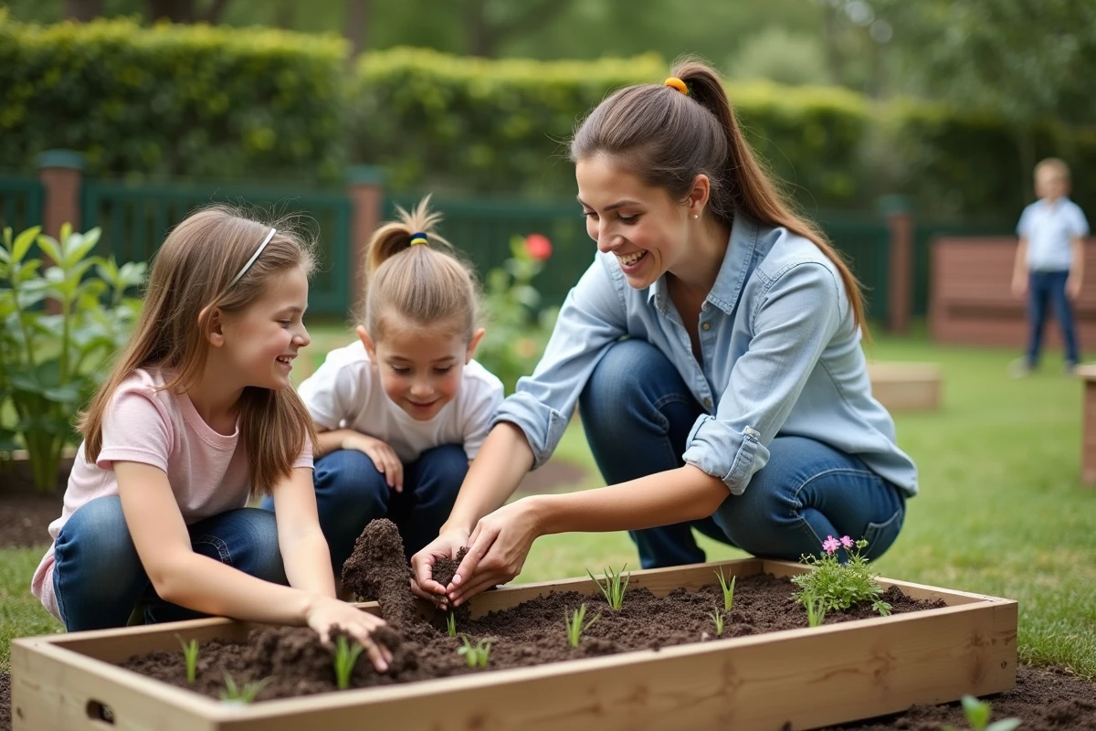 Une enseignante aide des enfants à planter des fleurs dans le jardin