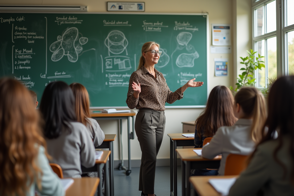 Professeure au tableau expliquant devant des lycéens attentifs