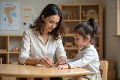 Enseignante Montessori guidant un enfant dans la classe