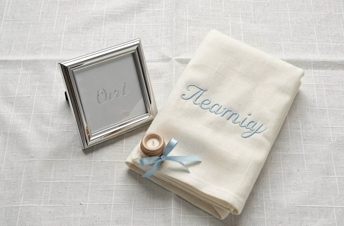 Flat-lay d'un ensemble cadeau baptême personnalisé avec cadre photo gravé, couverture brodée et pot souvenir