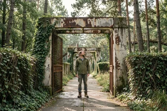Explorateur adulte devant l'entrée abandonnée et envahie par la végétation de l'ancien Parc des Schtroumpfs en France