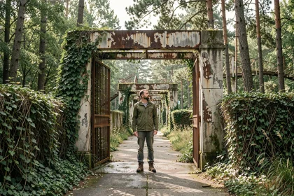 Explorateur adulte devant l'entrée abandonnée et envahie par la végétation de l'ancien Parc des Schtroumpfs en France