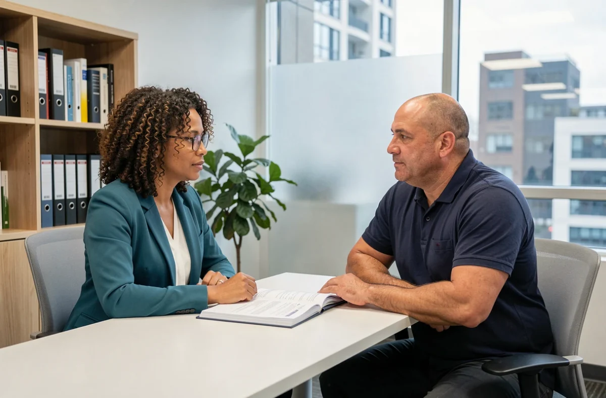 Entretien avec une assistante sociale dans un bureau lors d'une démarche d'adoption