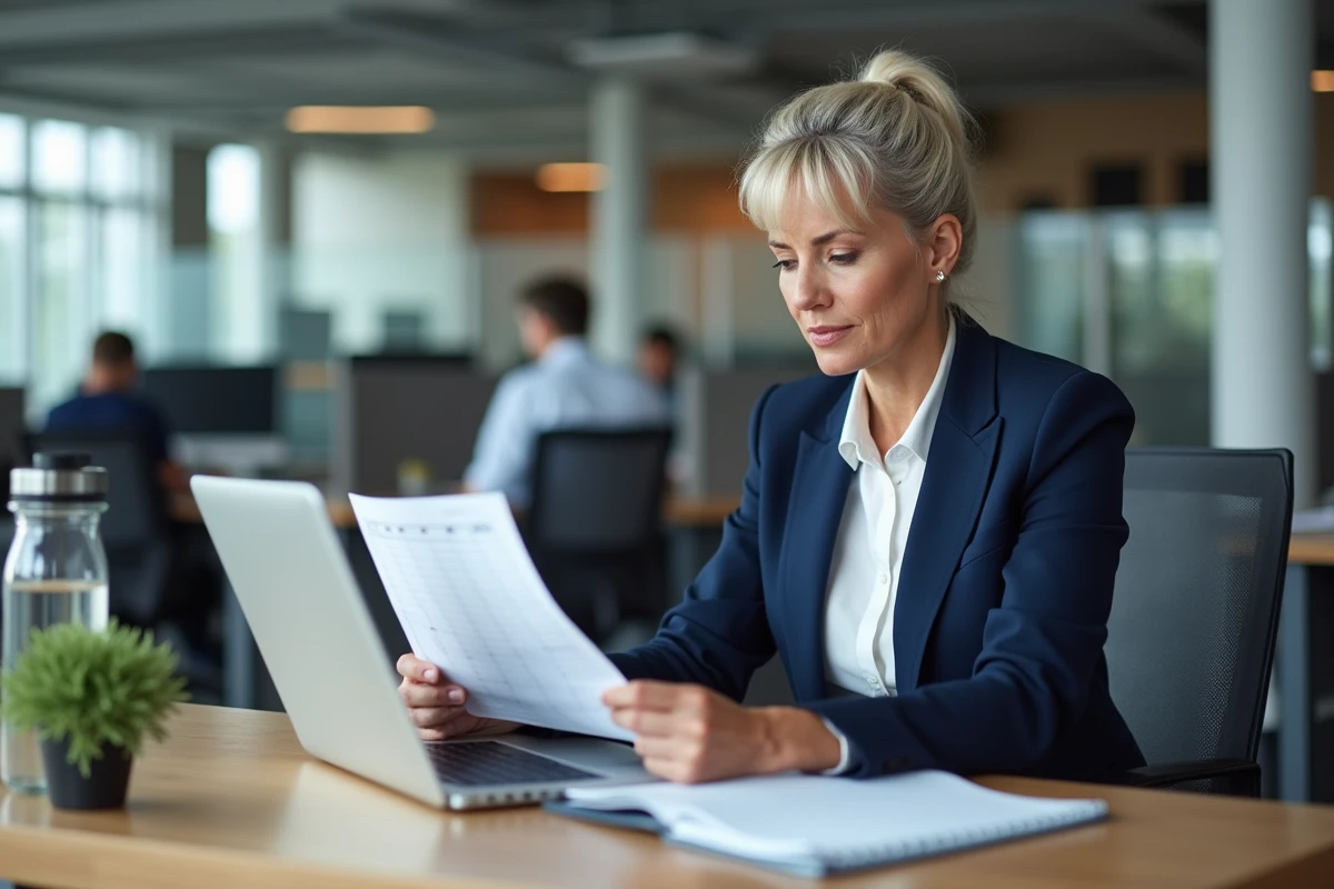 Femme professionnelle en pause réflexive au bureau, symbolisant l'équilibre entre vie professionnelle et organisation personnelle