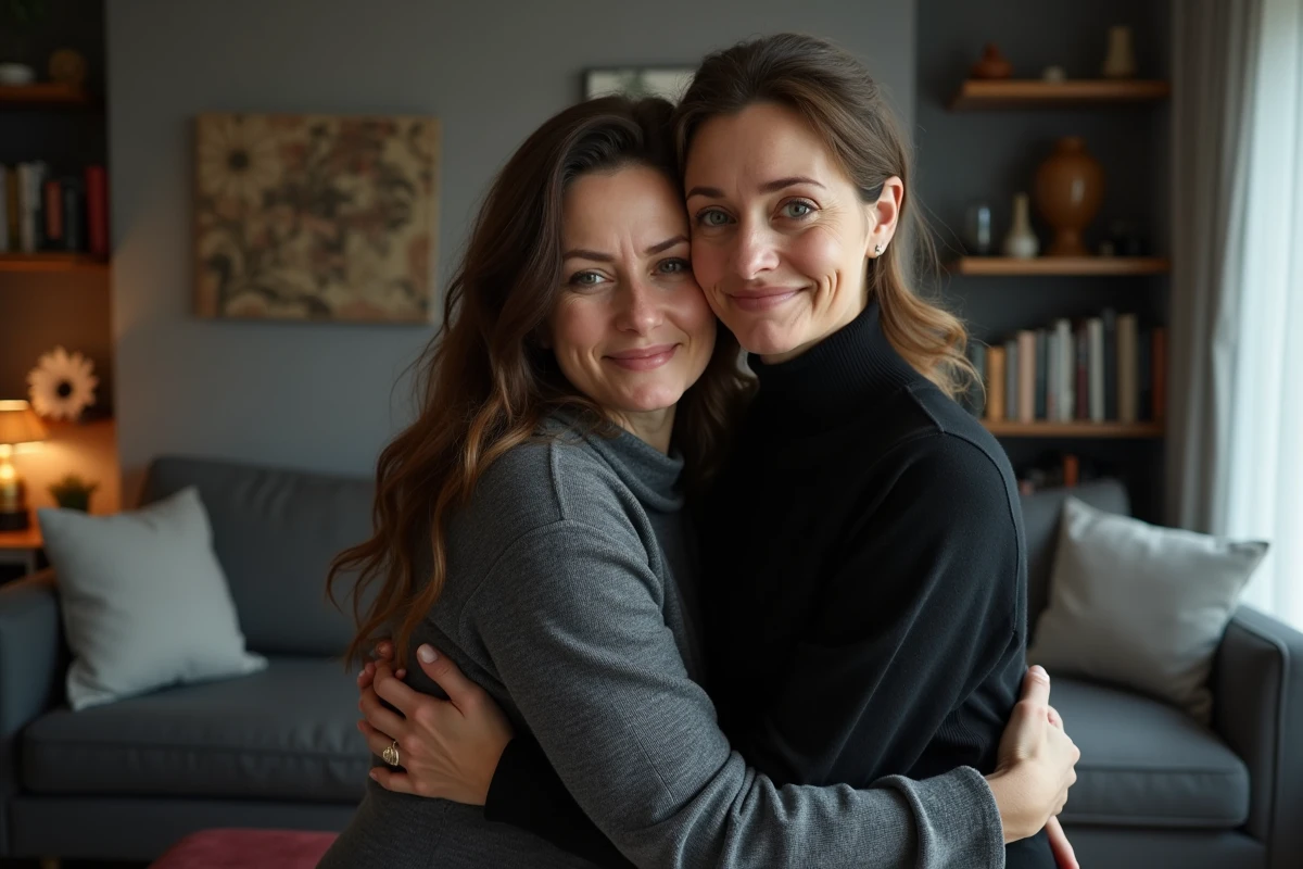 Deux femmes s'enlaçant avec émotion lors d'une visite de condoléances dans un salon, soutien mutuel entre amies en période de deuil