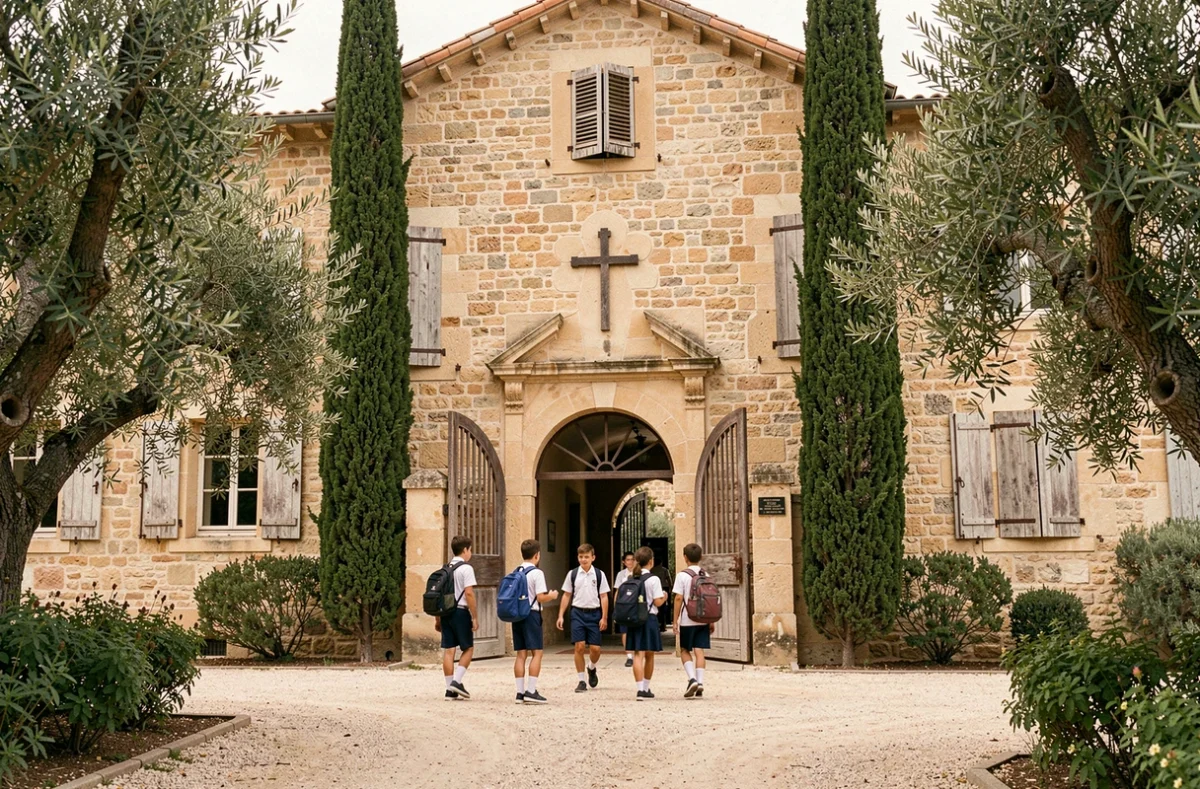 Entrée principale de l'Externat Saint-Joseph La Cordeille à Ollioules avec des élèves en uniforme franchissant le portail d'une façade en pierre entourée de végétation méditerranéenne