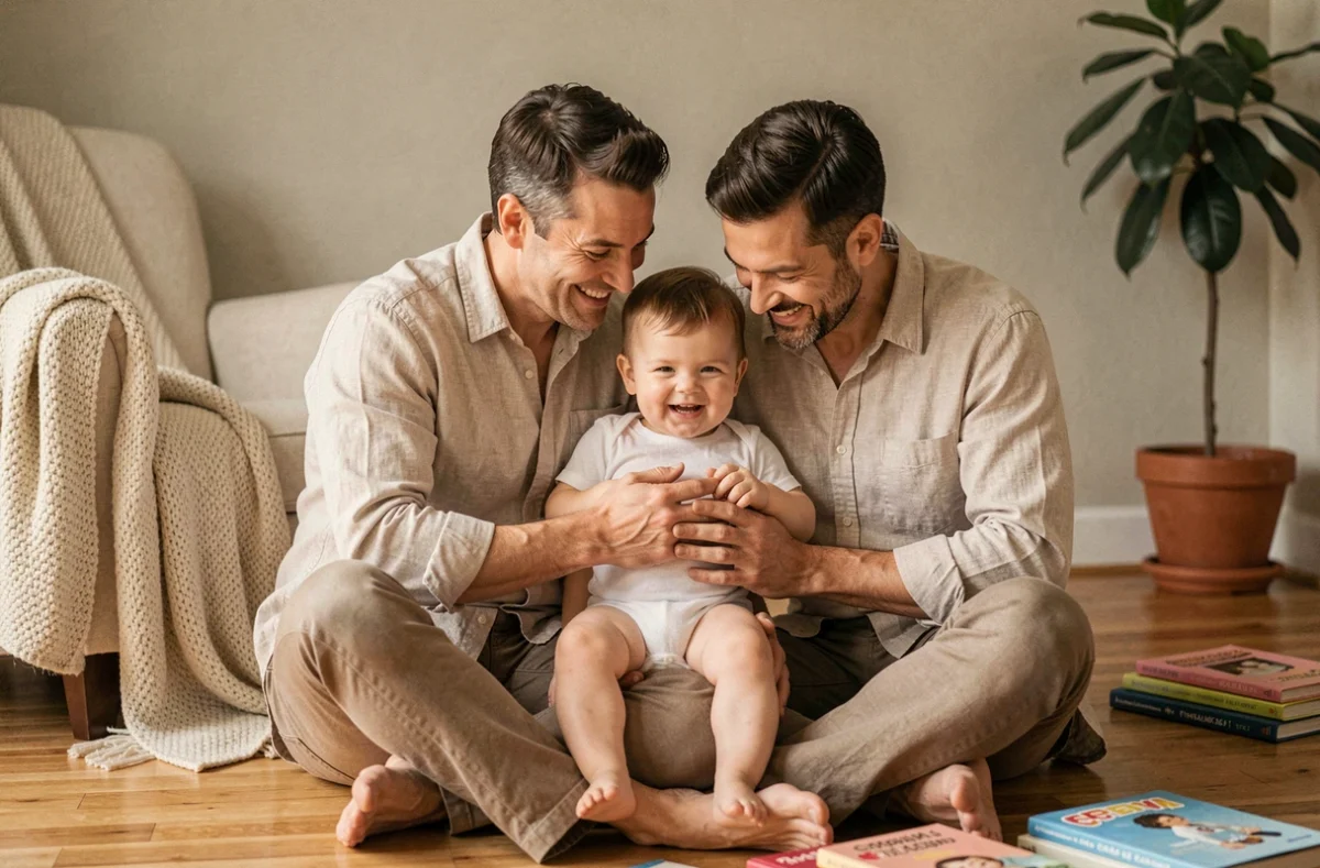 Famille adoptive réunie dans un salon chaleureux, deux parents tenant leur enfant en bas âge dans une atmosphère douce et authentique