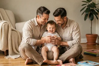 Famille adoptive réunie dans un salon chaleureux, deux parents tenant leur enfant en bas âge dans une atmosphère douce et authentique