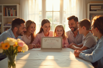 Famille heureuse autour d'une table ensoleillée pour un baptême républicain