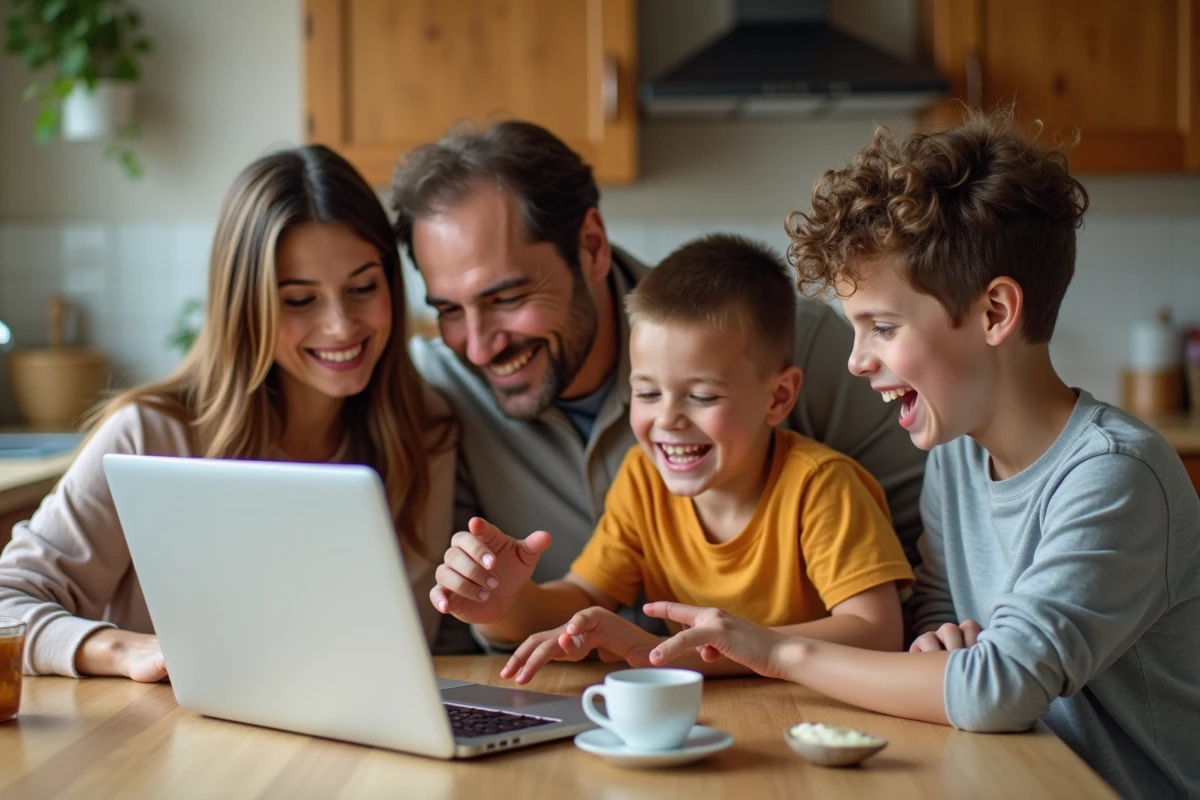 Famille réunie autour d'un ordinateur portable à la cuisine pour planifier leurs loisirs avec des bons plans en famille