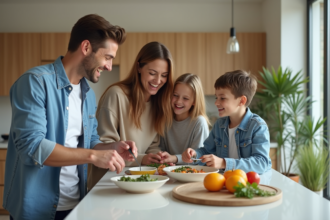 Famille moderne préparant un repas dans une cuisine lumineuse
