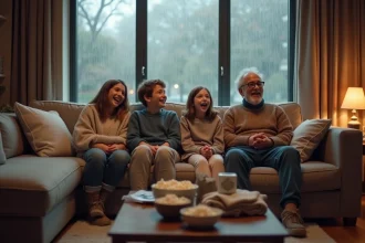 Famille réunie sur un canapé un jour de pluie pour regarder un film rigolo ensemble