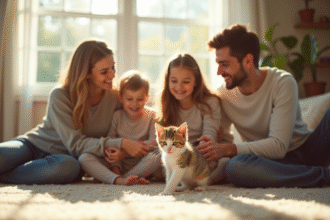Famille heureuse jouant avec un chaton tricolore dans le salon