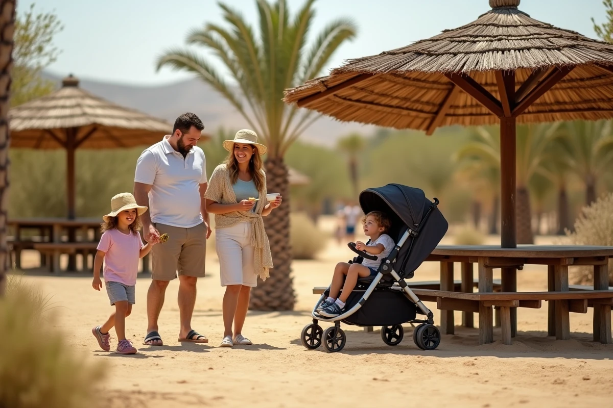 Famille avec poussette et enfants profitant d'une pause pique-nique dans le parc Mer de Sable en été