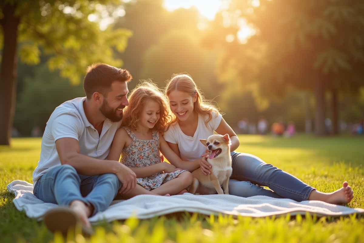 Famille souriante lors d'un pique-nique avec un petit chien