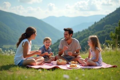 Famille souriante pique-nique en pleine nature en été