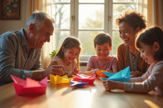 Famille multigenerational pliant des avions en papier dans un salon lumineux