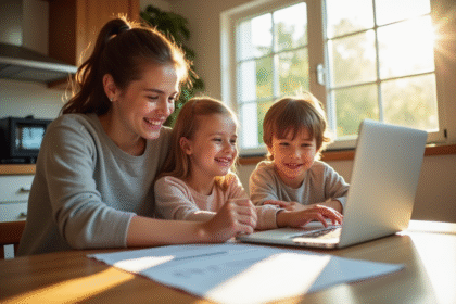 Famille souriante à la cuisine avec documents financiers