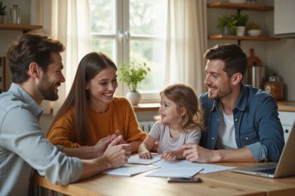 Famille souriante autour d'une table de cuisine avec papiers et ordinateur