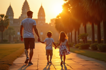 Famille heureuse marchant devant un temple cambodgien au coucher du soleil