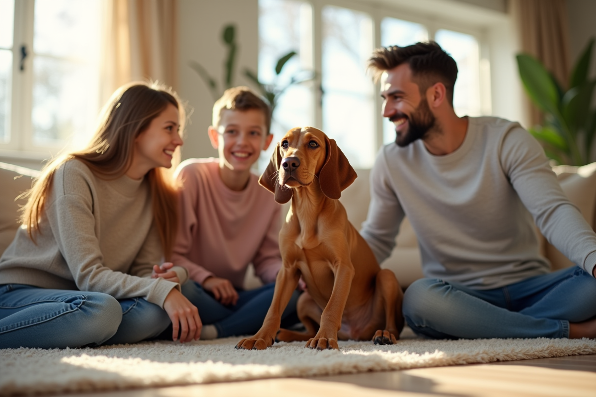 Famille heureuse avec chien Vizsla dans un salon lumineux