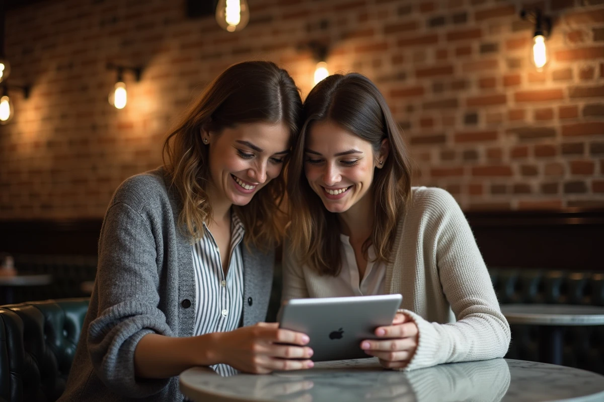 Deux femmes dans un café analysant des photos sur une tablette, illustrant la communauté de fans qui traque des indices sur le compagnon de Stéphane Marie