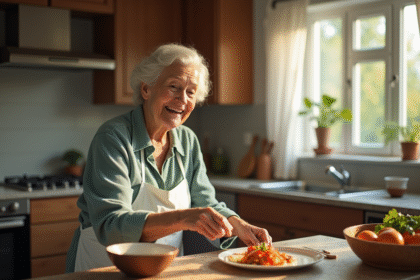Femme agee souriante dans sa cuisine pour l autonomie