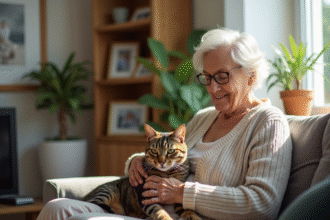 Femme âgée avec chat dans un salon lumineux