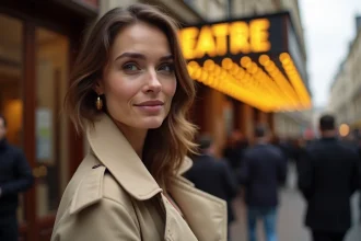 Femme élégante en trench coat beige à l'entrée d'un théâtre parisien lors d'une première, illustrant une apparition publique discrète et raffinée