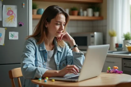 Femme assise à la cuisine en train de travailler sur son ordinateur