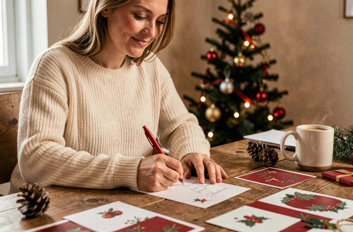 Femme écrivant une carte de Noël de dernière minute à son bureau décoré pour les fêtes