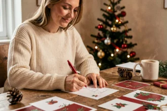 Femme écrivant une carte de Noël de dernière minute à son bureau décoré pour les fêtes