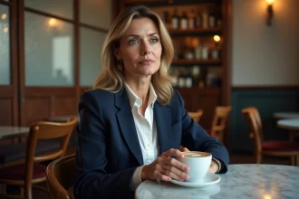 Femme élégante assise dans un café parisien, portrait éditorial illustrant la vie privée et la discrétion d'un couple médiatique