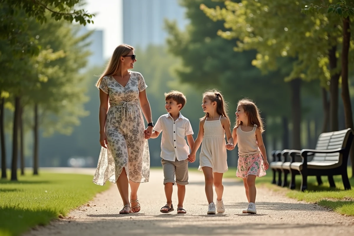 Femme et enfants marchant dans un parc urbain en été