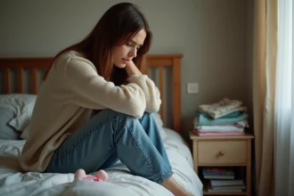 Femme fatiguée assise sur le lit dans une chambre familiale