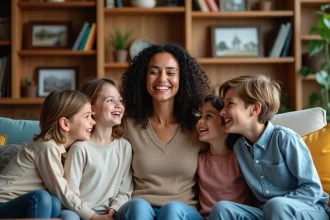 Femme et enfants dans un salon chaleureux et familial