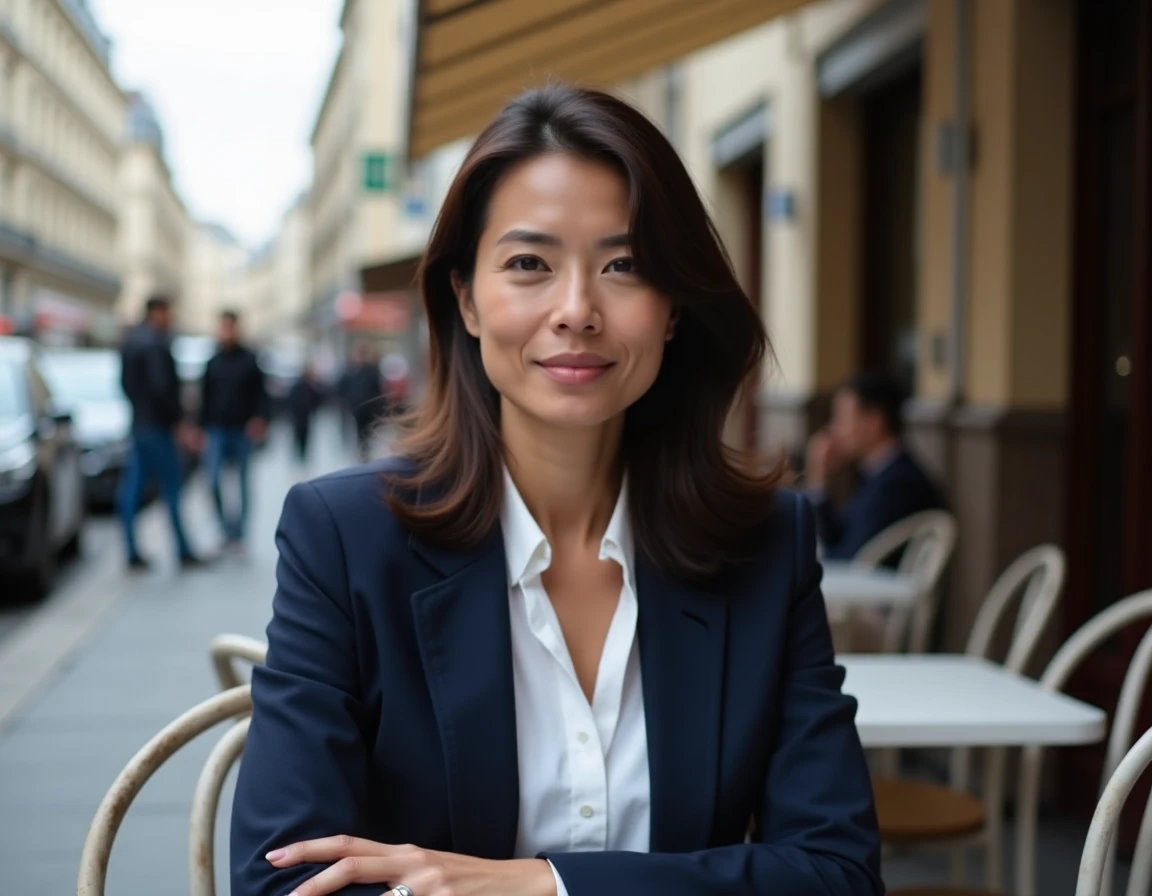 Femme franco-vietnamienne assise en terrasse de café à Paris avec architecture haussmannienne en arrière-plan