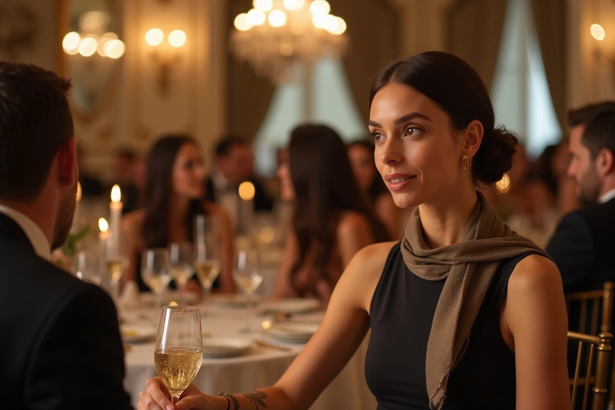 Femme élégante en robe noire lors d'un gala parisien chic, illustrant une rare apparition publique en soirée mondaine