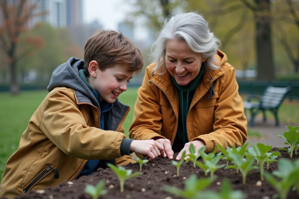 Mère guidant son fils dans un jardin urbain en plein air
