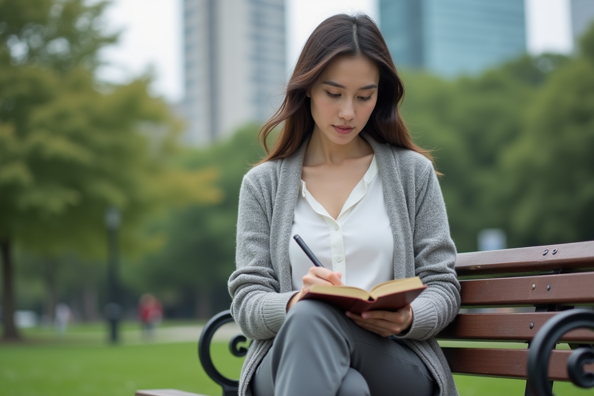 Jeune femme écrivant dans un journal en plein air